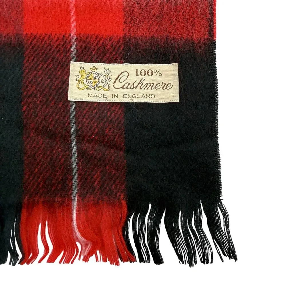 Vintage 100% Cashmere Plaid Scarf Made in England Red Black Fringe Soft